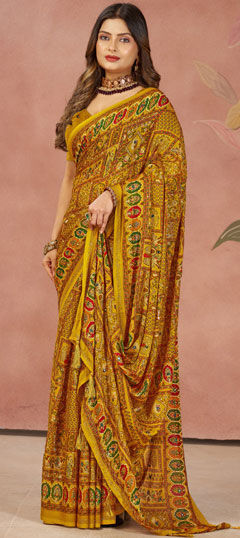 Yellow color Saree in Silk fabric with Mirror, Printed work