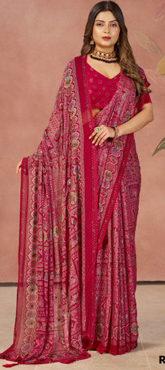 Pink and Majenta color Saree in Silk fabric with Mirror, Printed work