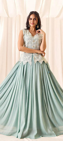 Green color Long Lehenga Choli in Silk fabric with Embroidered work