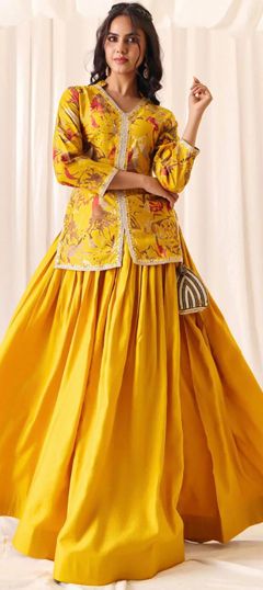 Yellow color Long Lehenga Choli in Silk fabric with Printed, Sequence work
