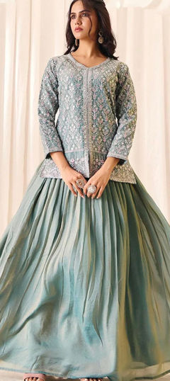 Green color Long Lehenga Choli in Silk fabric with Embroidered work