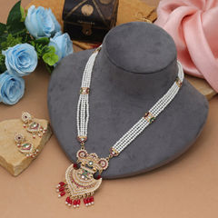 Gold Rodium Polish Red and Maroon color Necklace in Metal Alloy studded with CZ Diamond