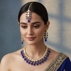 Gold Rodium Polish Blue color Necklace in Brass studded with CZ Diamond, Pearl