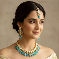 Gold Rodium Polish Blue color Necklace in Brass studded with CZ Diamond, Pearl