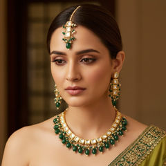 Gold Rodium Polish Green color Necklace in Brass studded with CZ Diamond, Pearl