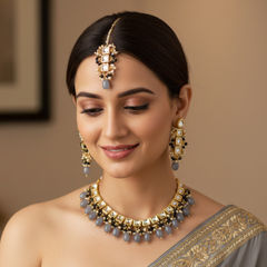 Gold Rodium Polish Black and Grey color Necklace in Brass studded with CZ Diamond, Pearl