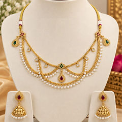 Gold Rodium Polish Multicolor color Necklace in Copper studded with CZ Diamond, Pearl