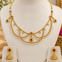 Gold Rodium Polish Red and Maroon, White and Off White color Necklace in Copper studded with CZ Diamond, Pearl