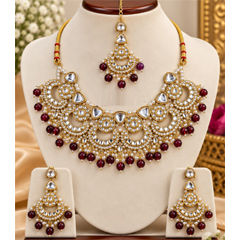 Gold Rodium Polish Pink and Majenta color Necklace in Copper studded with Kundan