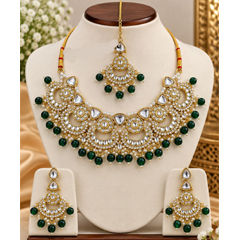 Gold Rodium Polish Green color Necklace in Copper studded with Kundan