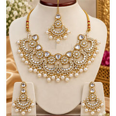 Gold Rodium Polish White and Off White color Necklace in Copper studded with Kundan