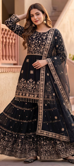 Black and Grey color Salwar Kameez in Faux Georgette fabric with Embroidered, Sequence work
