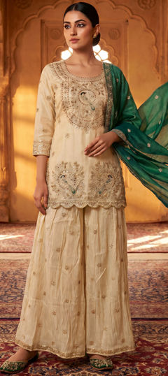 Beige and Brown color Salwar Kameez in Viscose fabric with Embroidered, Sequence work