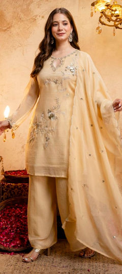 Yellow color Salwar Kameez in Crushed Silk fabric with Embroidered, Sequence work