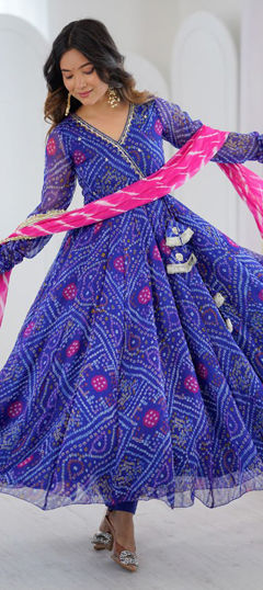 Blue color Salwar Kameez in Georgette fabric with Bandhej, Printed work