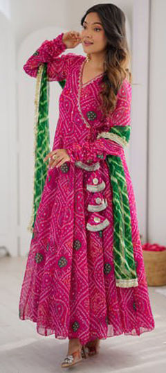 Pink and Majenta color Salwar Kameez in Georgette fabric with Bandhej, Printed work