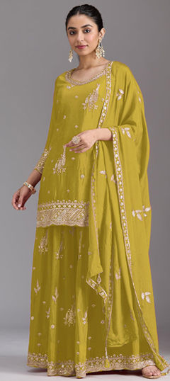 Green color Salwar Kameez in Chinon Silk fabric with Embroidered work