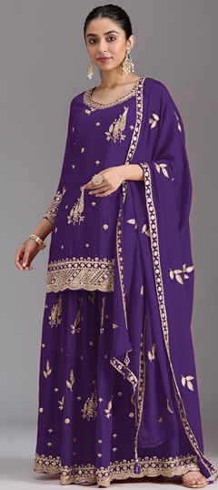 Purple and Violet color Salwar Kameez in Chinon Silk fabric with Embroidered work