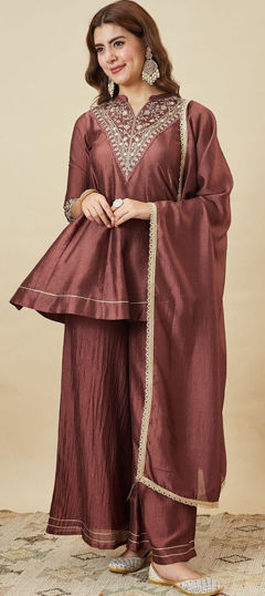 Beige and Brown color Salwar Kameez in Silk fabric with Embroidered, Sequence work