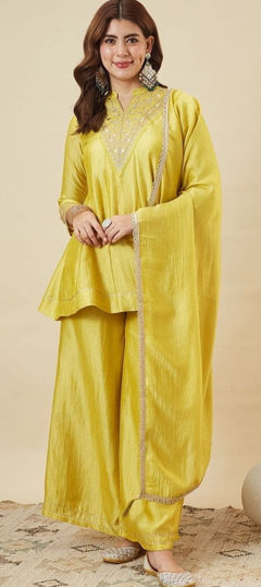 Yellow color Salwar Kameez in Silk fabric with Embroidered, Sequence work