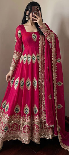 Pink and Majenta color Salwar Kameez in Tissue fabric with Embroidered work