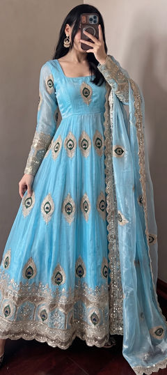 Blue color Salwar Kameez in Tissue fabric with Embroidered work