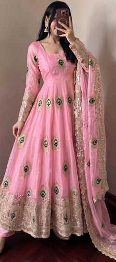 Pink and Majenta color Salwar Kameez in Tissue fabric with Embroidered work