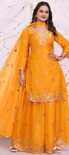 Yellow color Salwar Kameez in Tissue fabric with Embroidered, Sequence work