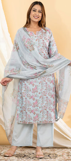 Blue, Pink and Majenta color Salwar Kameez in Chanderi fabric with Floral, Printed work