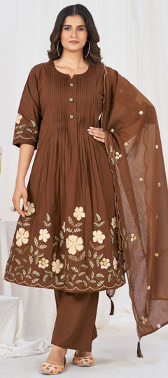 Beige and Brown color Salwar Kameez in Cotton fabric with Embroidered, Thread work
