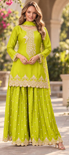 Green color Salwar Kameez in Chinon Silk fabric with Embroidered, Sequence work