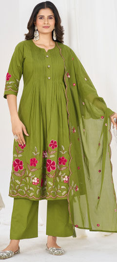 Green color Salwar Kameez in Cotton fabric with Embroidered, Thread work