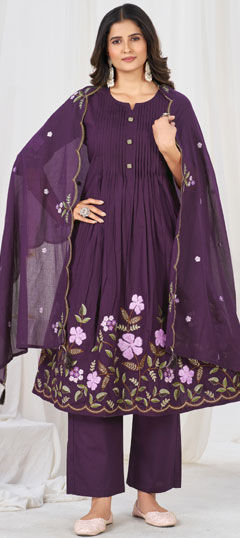 Purple and Violet color Salwar Kameez in Cotton fabric with Embroidered, Thread work