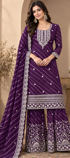 Black and Grey color Salwar Kameez in Faux Georgette fabric with Digital Print, Embroidered, Lehariya work