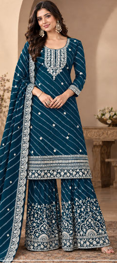 Blue color Salwar Kameez in Faux Georgette fabric with Digital Print, Embroidered, Lehariya work