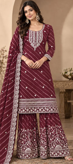 Red and Maroon color Salwar Kameez in Faux Georgette fabric with Digital Print, Embroidered, Lehariya work