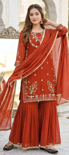 Orange color Salwar Kameez in Faux Georgette fabric with Embroidered, Moti, Sequence work