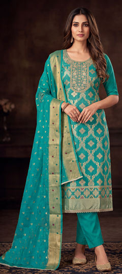 Blue color Salwar Kameez in Banarasi Silk, Cotton fabric with Bugle Beads, Embroidered, Sequence work