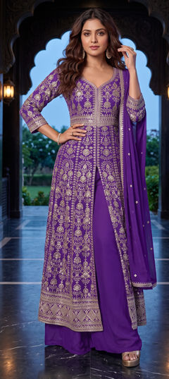 Purple and Violet color Salwar Kameez in Chinon Silk fabric with Embroidered, Sequence work