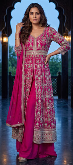 Pink and Majenta color Salwar Kameez in Chinon Silk fabric with Embroidered, Sequence work