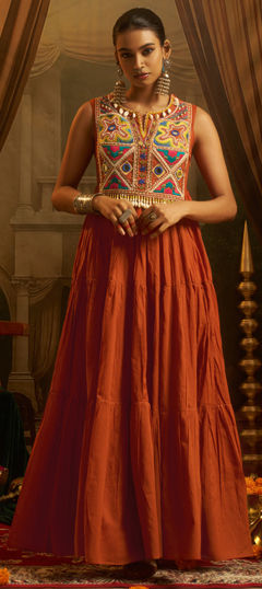 Beige and Brown color Salwar Kameez in Mul Cotton fabric with Embroidered, Mirror work