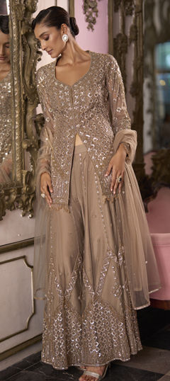 Gold color Salwar Kameez in Net fabric with Bugle Beads, Embroidered, Sequence, Thread work