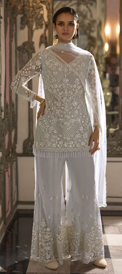 Silver color Salwar Kameez in Net fabric with Bugle Beads, Embroidered, Sequence, Thread work
