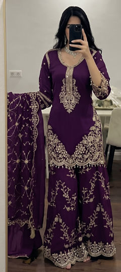 Purple and Violet color Salwar Kameez in Faux Georgette fabric with Embroidered, Sequence work
