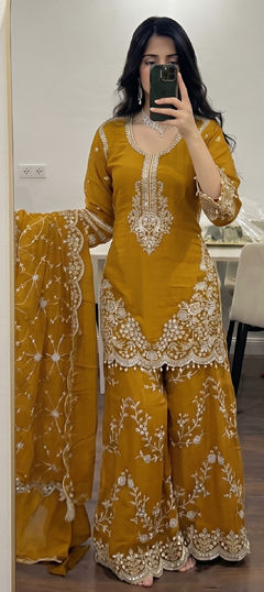 Yellow color Salwar Kameez in Faux Georgette fabric with Embroidered, Sequence work