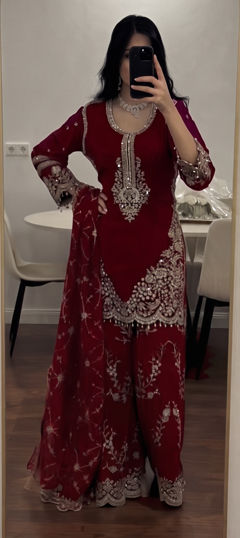Red and Maroon color Salwar Kameez in Faux Georgette fabric with Embroidered, Sequence work