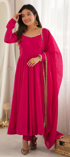 Pink and Majenta color Salwar Kameez in Mul Chanderi fabric with Lace work