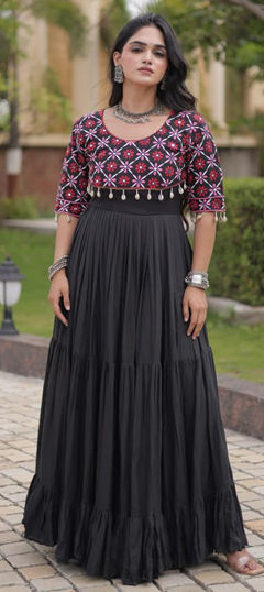 Black and Grey color Gown in Cotton fabric with Embroidered, Thread work