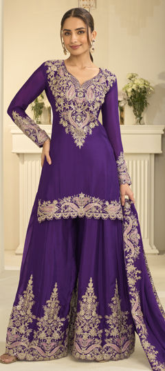 Purple and Violet color Salwar Kameez in Chinon Silk fabric with Embroidered, Sequence work