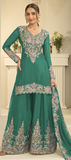 Green color Salwar Kameez in Chinon Silk fabric with Embroidered, Sequence work
